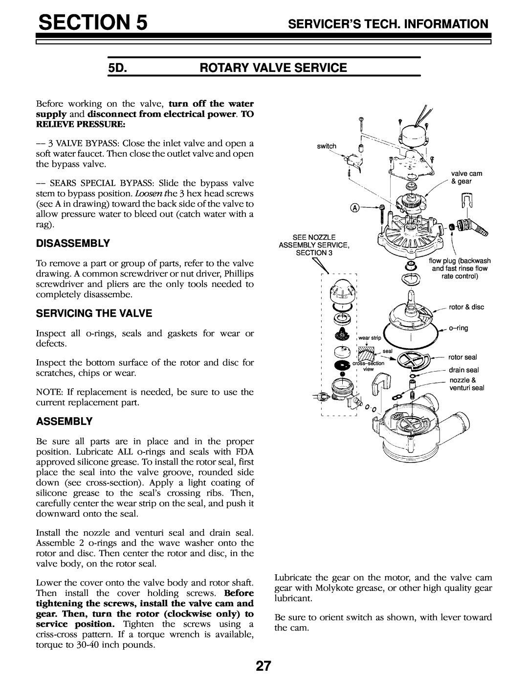 Kenmore 625.3483500 Section, Servicers Tech. Information, 5D.ROTARY VALVE SERVICE, Disassembly, Servicing The Valve 