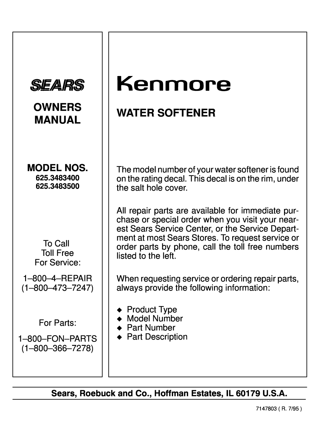 Kenmore 625.3483400, 625.3483500 owner manual Owners Manual, Water Softener, Model Nos 