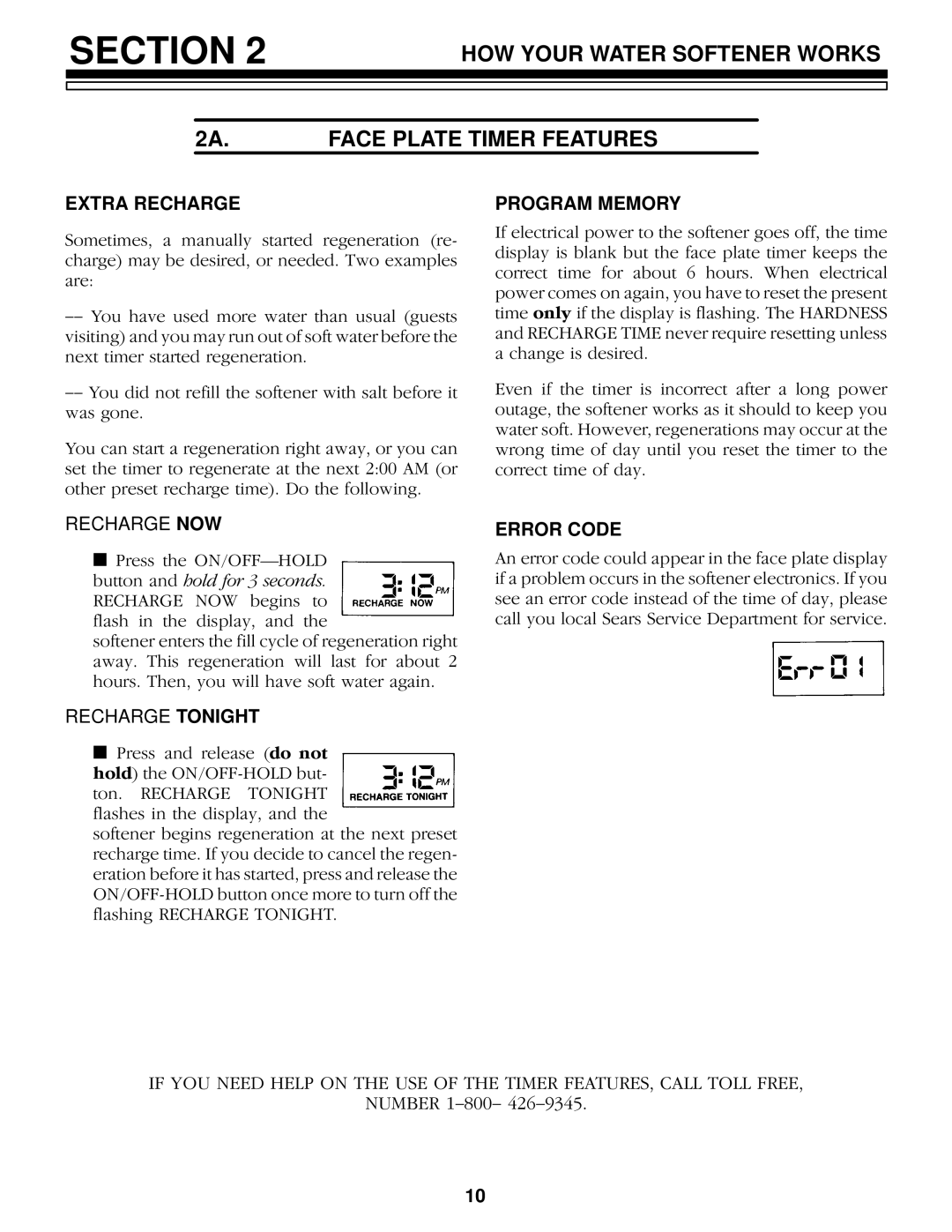 Kenmore 625.348420 HOW Your Water Softener Works 2A.FACE Plate Timer Features, Extra Recharge, Program Memory, Error Code 