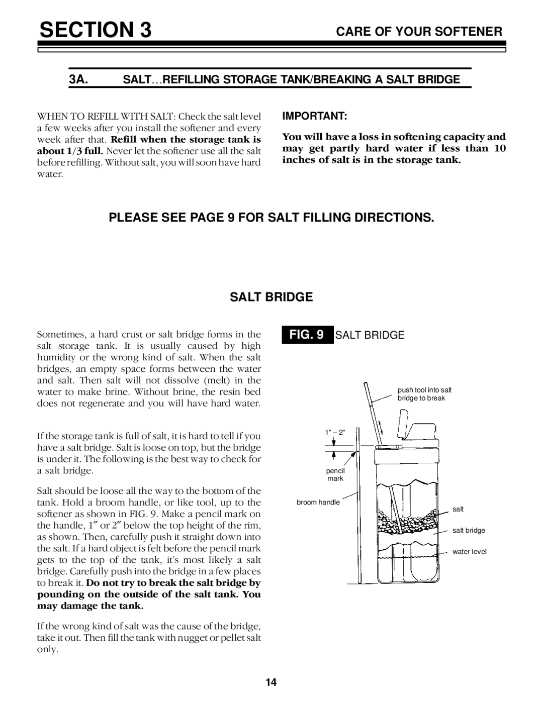 Kenmore 625.348420 owner manual Please see page 9 for Salt Filling Directions Salt Bridge 