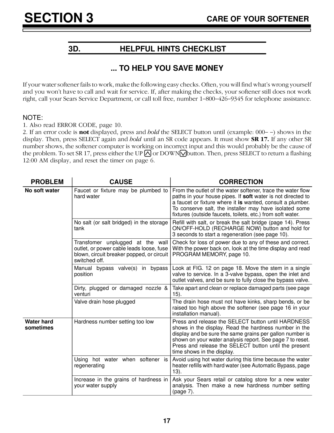 Kenmore 625.348420 owner manual Problem Cause Correction, No soft water 