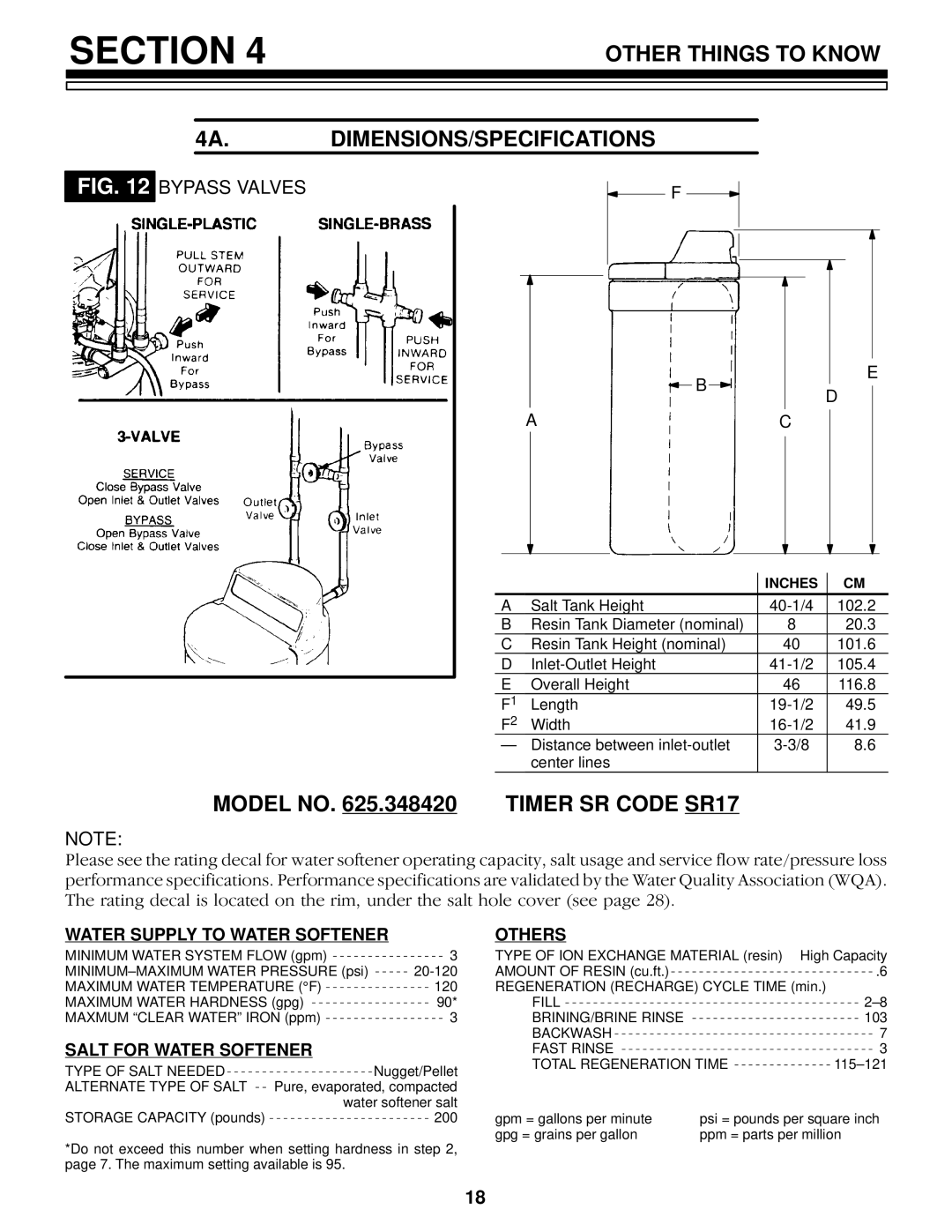 Kenmore 625.348420 owner manual Other Things to Know 4A.DIMENSIONS/SPECIFICATIONS, Bypass Valves 