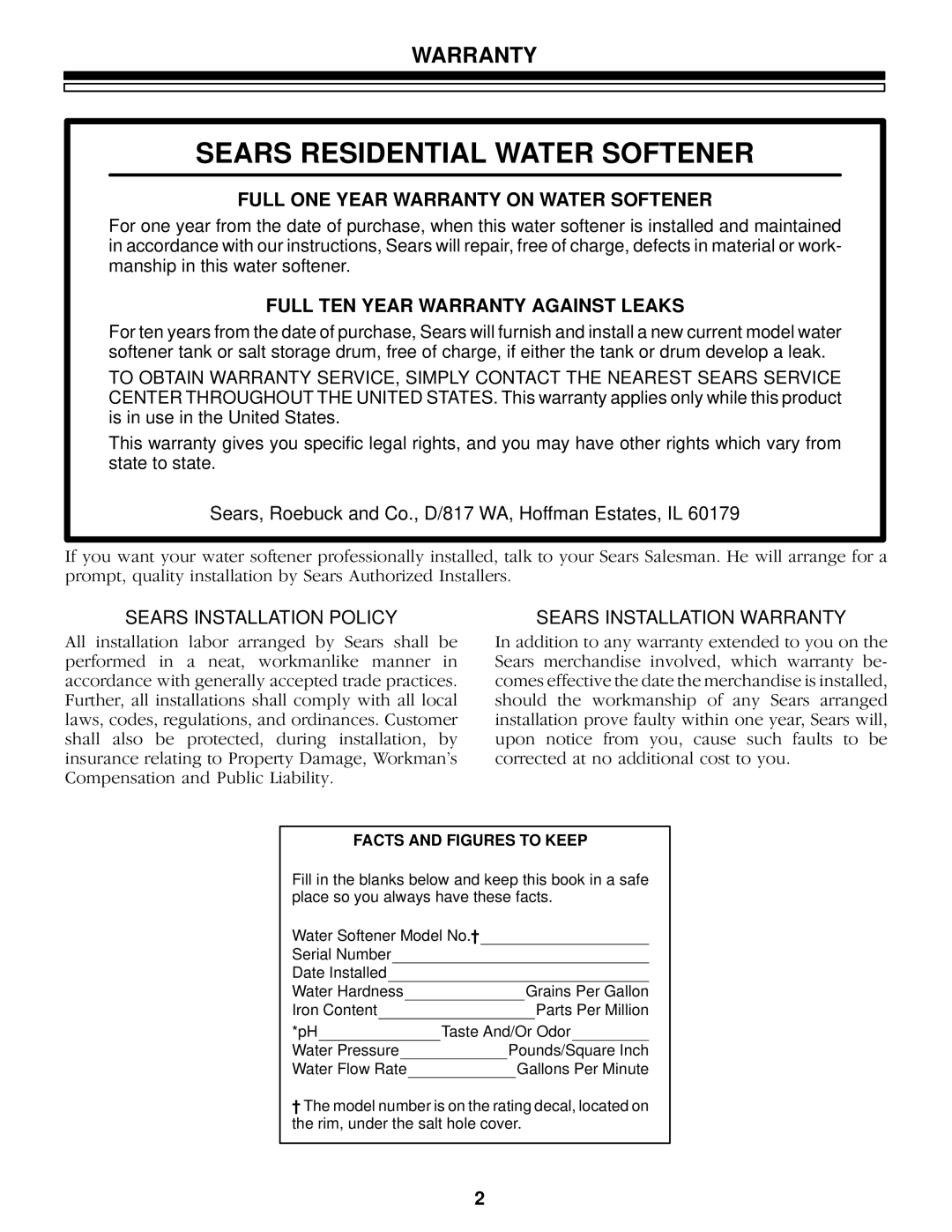 Kenmore 625.348420 owner manual Full ONE Year Warranty on Water Softener, Full TEN Year Warranty Against Leaks 