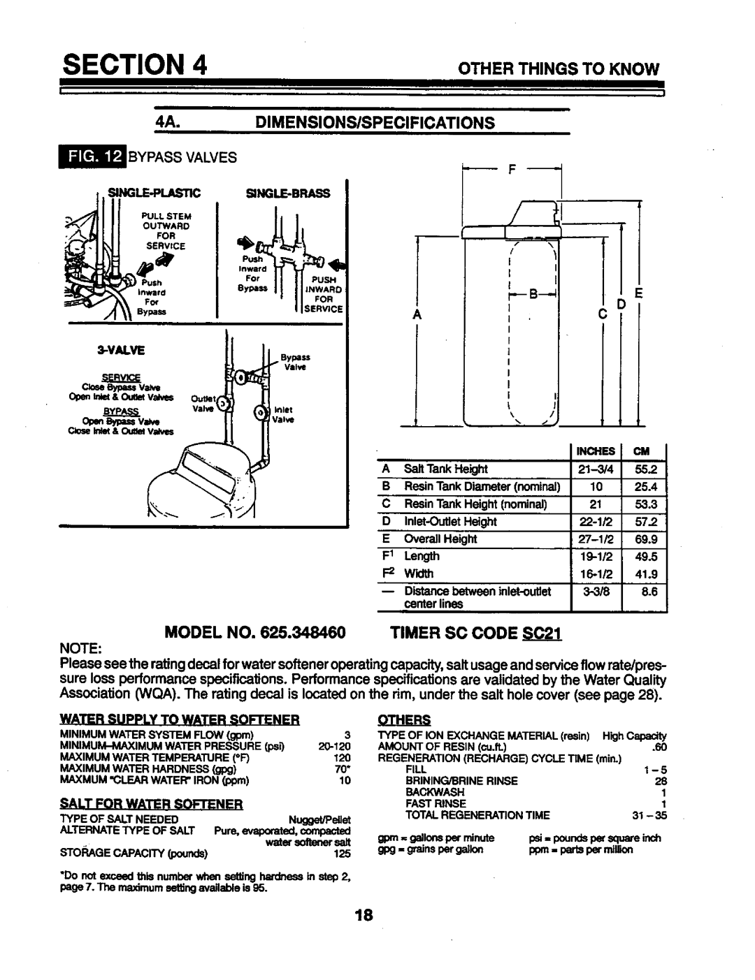 Kenmore 625.34846 warranty Dimensions/Specifications, Others, Bypass Valves, Timer SC Code SC21 