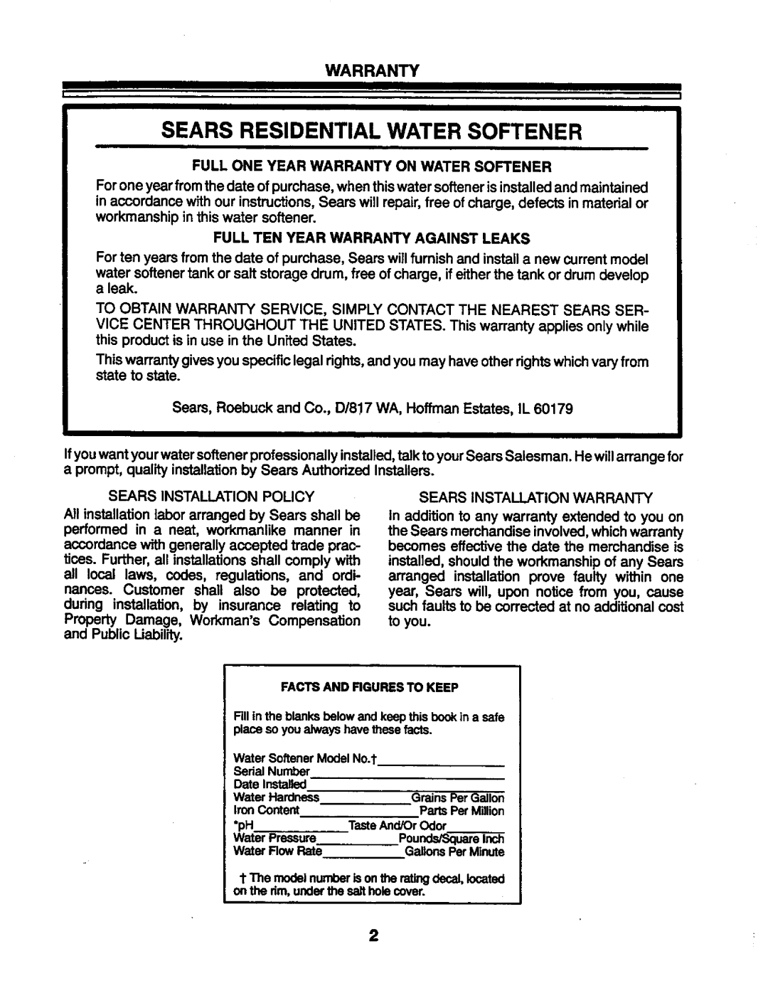 Kenmore 625.34846 warranty Sears Residential Water Softener, Warranty 