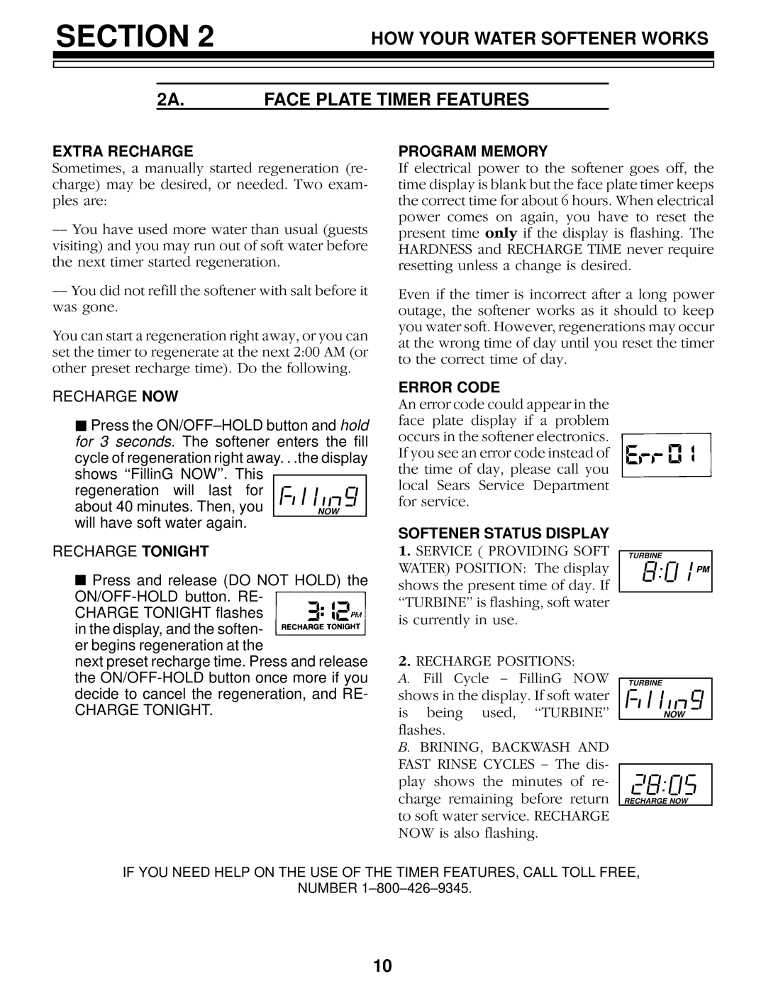 Kenmore 625.348460 HOW Your Water Softener Works 2A.FACE Plate Timer Features, Extra Recharge, Program Memory, Error Code 