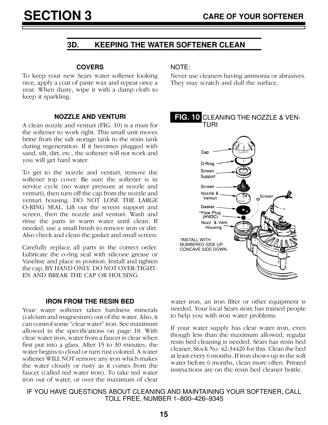 Kenmore 625.348460 owner manual Care of Your Softener 3D. Keeping the Water Softener Clean, Covers, Nozzle and Venturi 