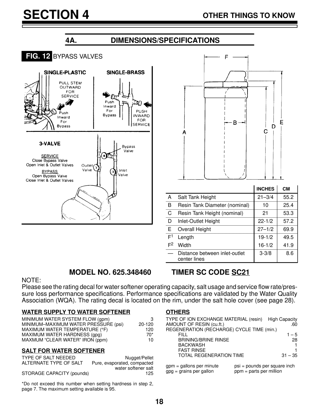 Kenmore 625.348460 owner manual Other Things to Know 4A.DIMENSIONS/SPECIFICATIONS, Timer SC Code SC21, Bypass Valves 