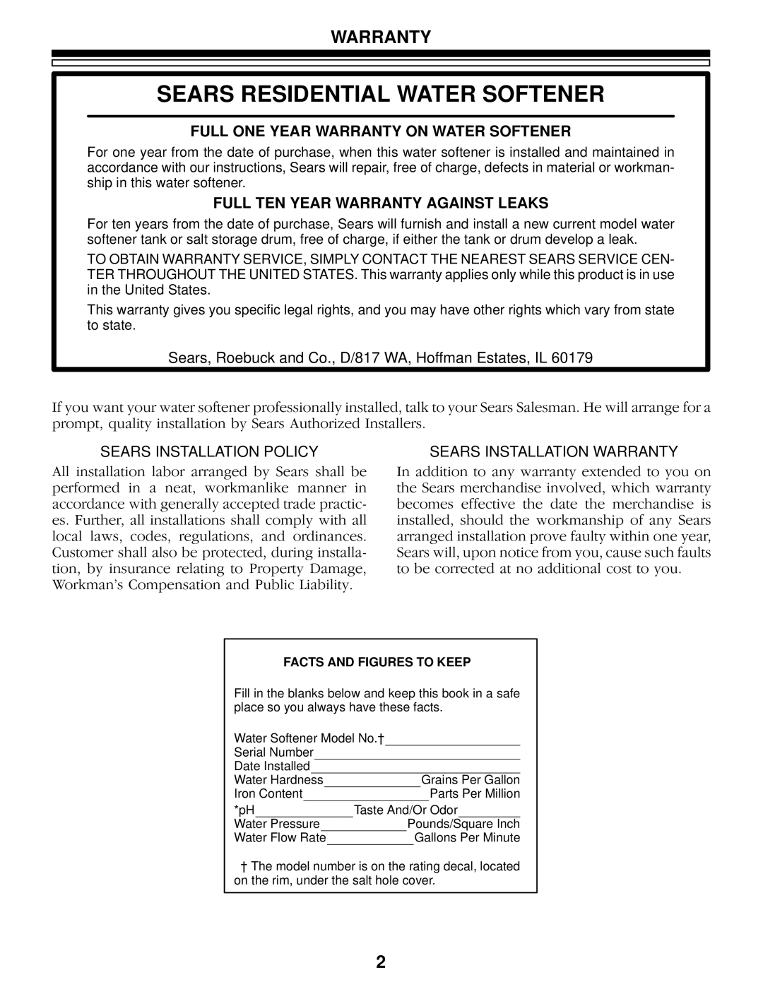 Kenmore 625.348460 owner manual Full ONE Year Warranty on Water Softener, Full TEN Year Warranty Against Leaks 