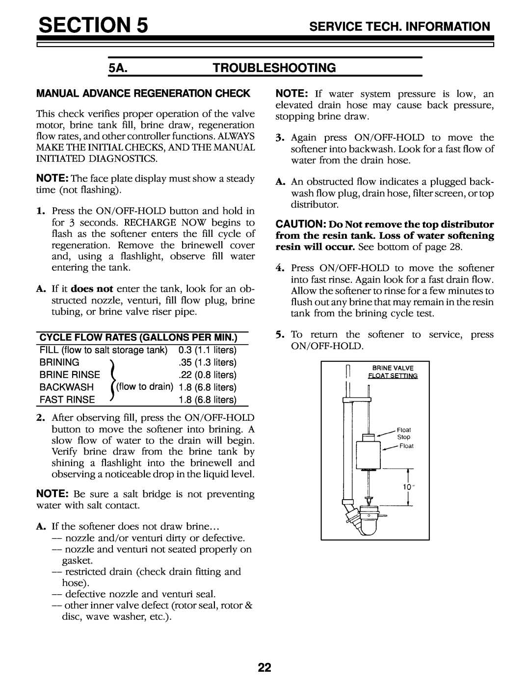 Kenmore 625.348460 owner manual Section, Service Tech. Information, 5A.TROUBLESHOOTING, Manual Advance Regeneration Check 