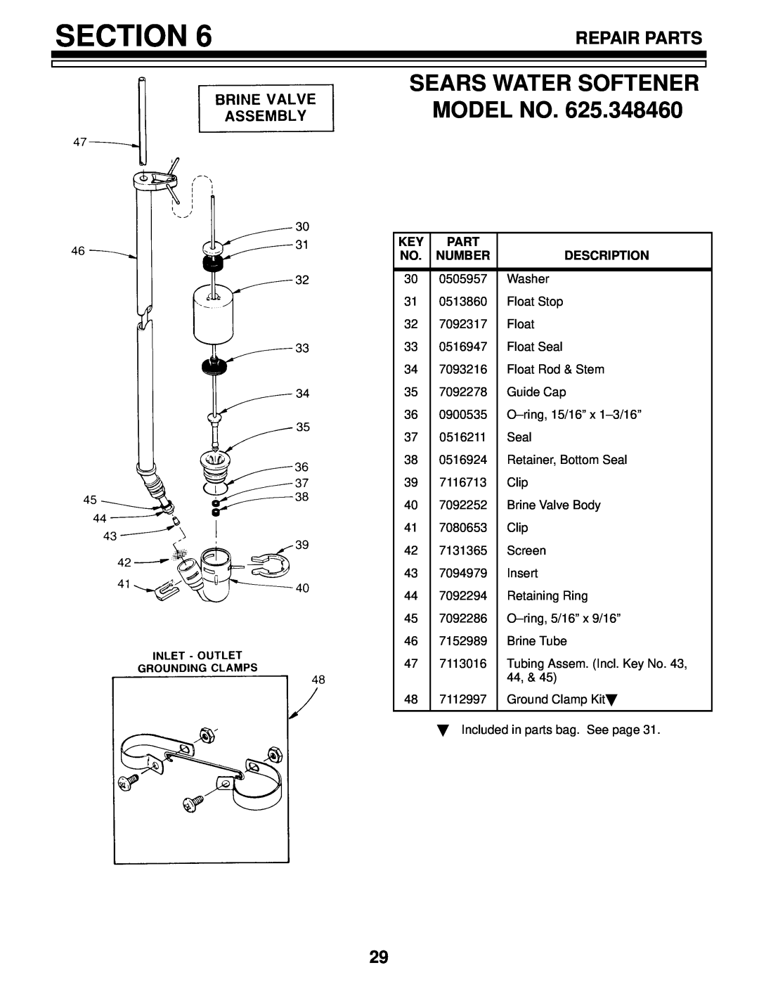 Kenmore 625.348460 owner manual Sears Water Softener Model No, Section, Repair Parts, Number, Description 