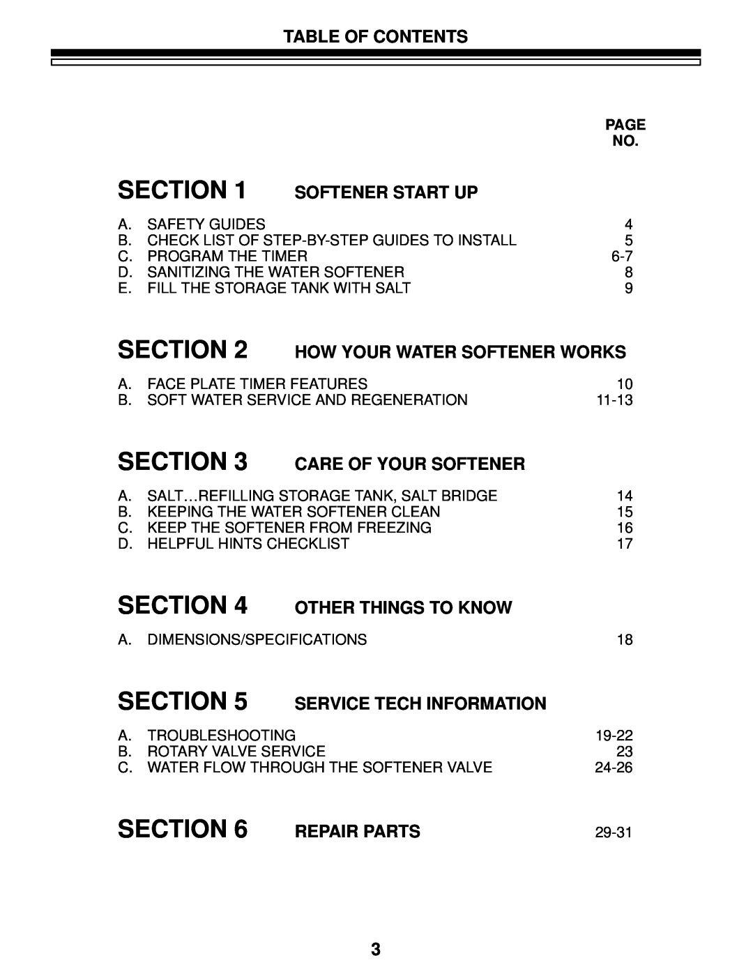 Kenmore 625.348460 Section, Table Of Contents, Softener Start Up, How Your Water Softener Works, Care Of Your Softener 