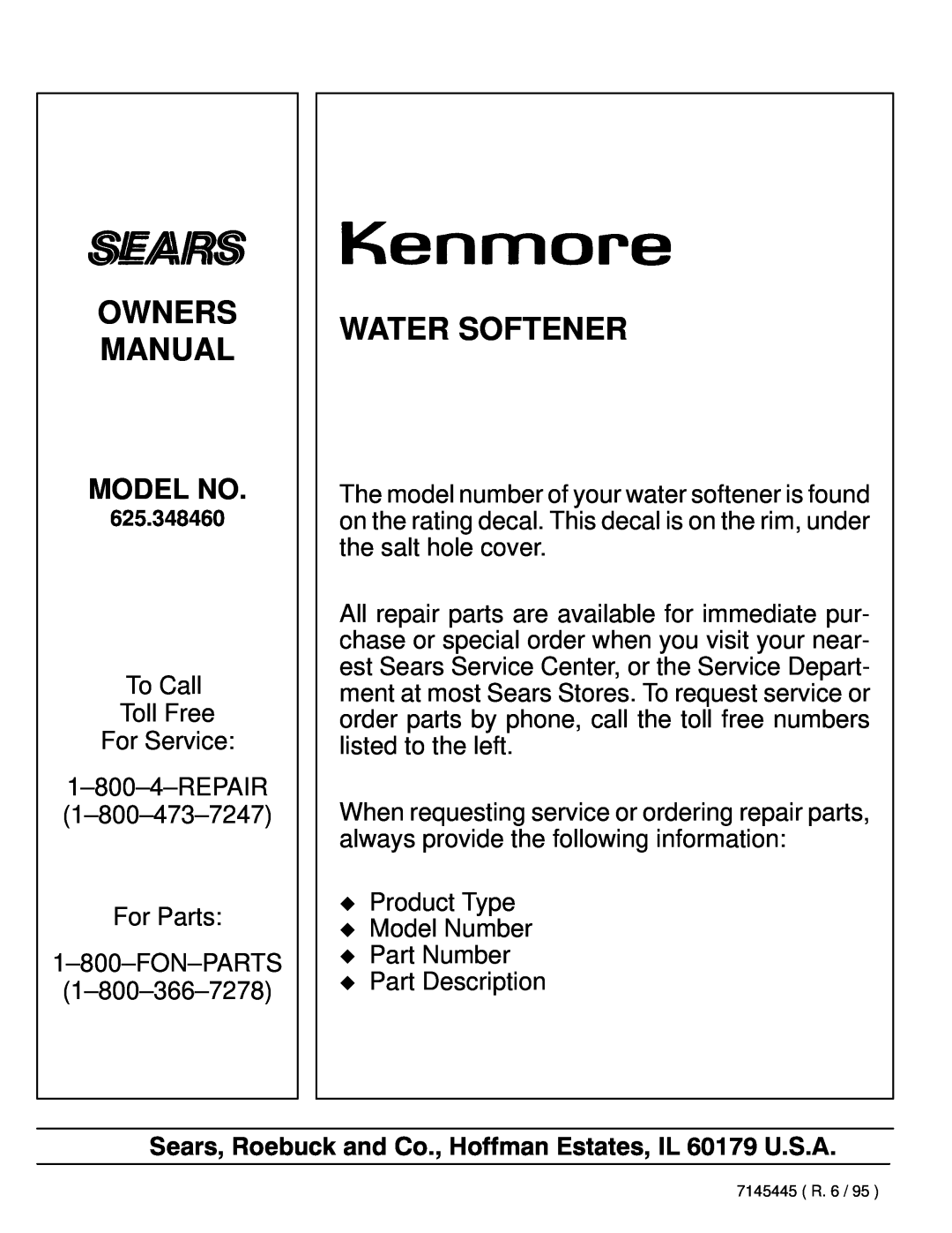 Kenmore 625.348460 owner manual Owners Manual, Water Softener, Model No 