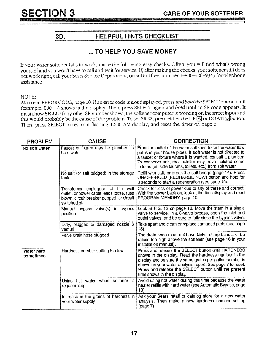 Kenmore 625.34847 warranty Careofyoursoftener, Problem Cause Correction 