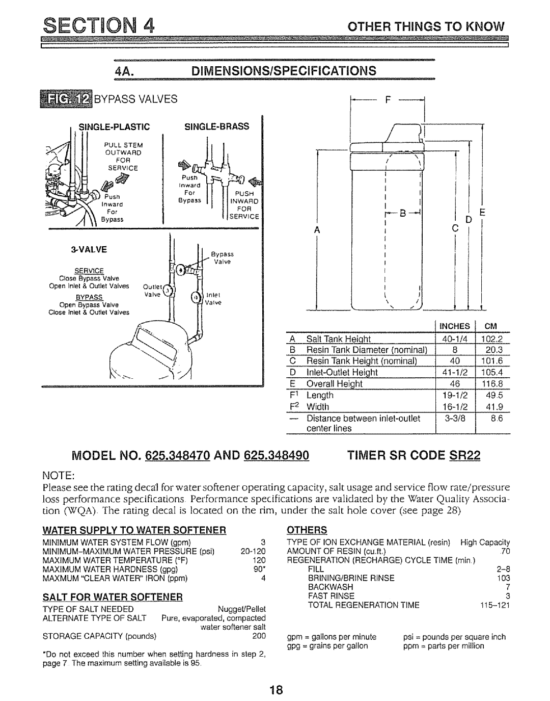 Kenmore 625.34847 warranty 4A.DIMENSIONSISPECIFICATIONS, Timer SR Code SR22, Bypass Valves, Single-Plasticsingle-Brass 