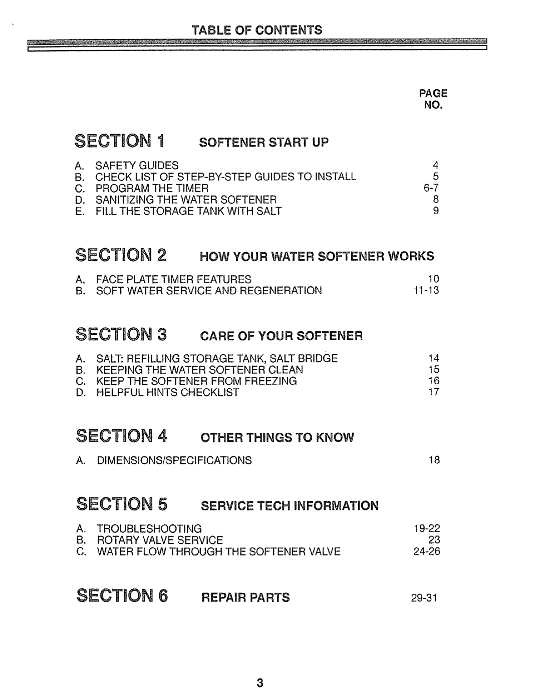 Kenmore 625.34847 warranty Table of Contents, Softener Start UP, Care of Your Softener, Repair Parts 