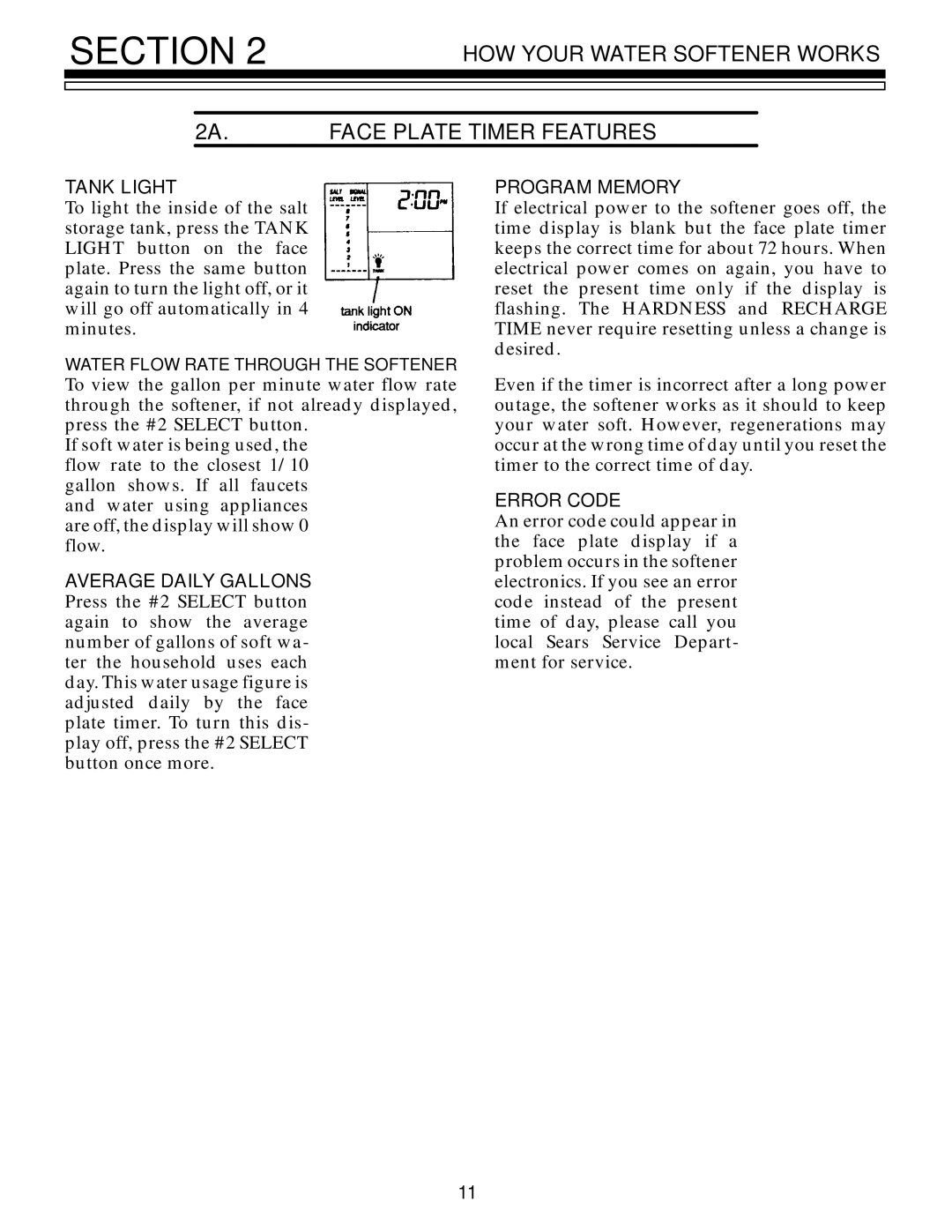 Kenmore 625.3485500 HOW Your Water Softener Works Face Plate Timer Features, Tank Light Program Memory, Error Code 