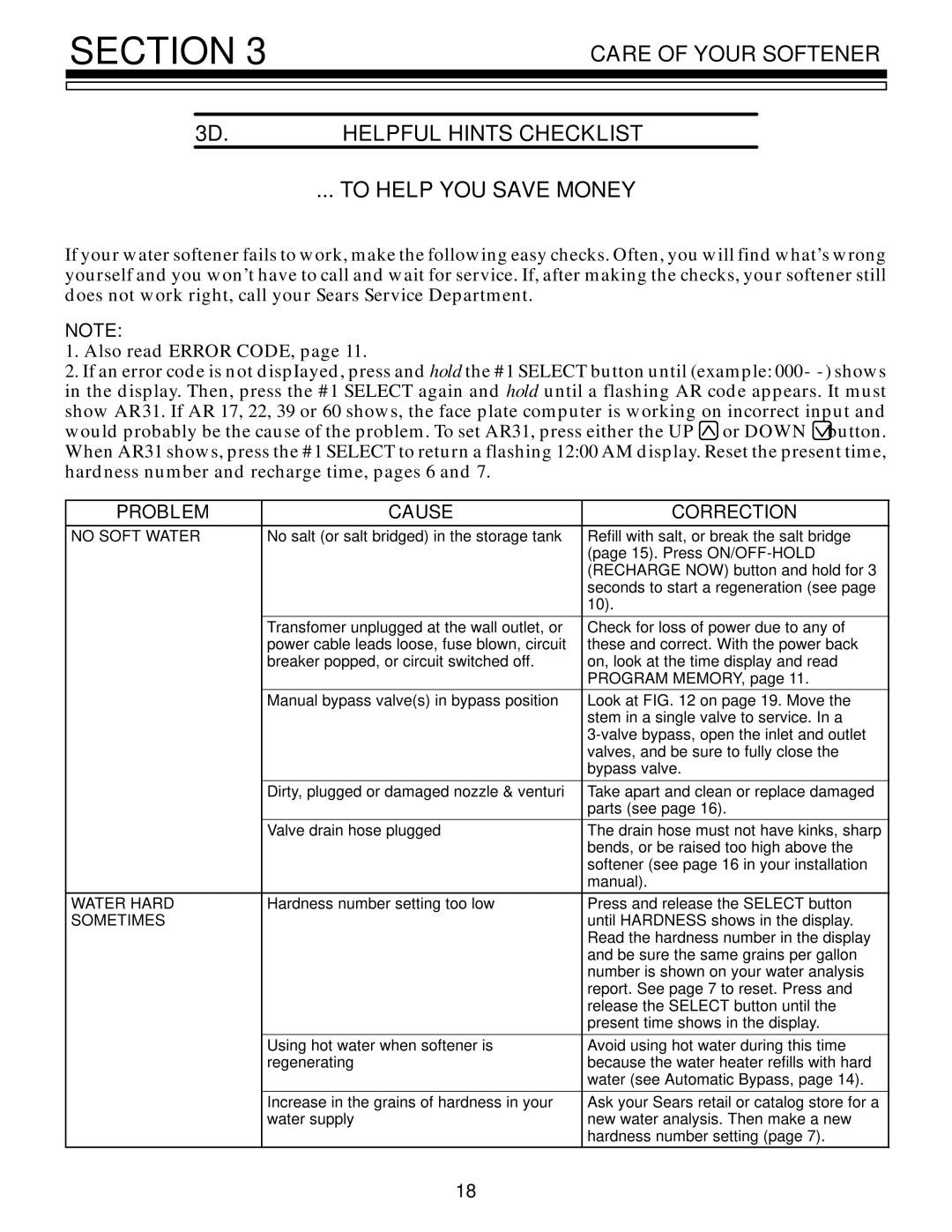 Kenmore 625.3485400, 625.3485500 owner manual Problem Cause Correction, No Soft Water 