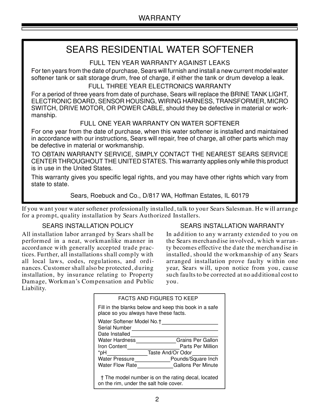 Kenmore 625.3485400, 625.3485500 owner manual Full TEN Year Warranty Against Leaks, Full Three Year Electronics Warranty 