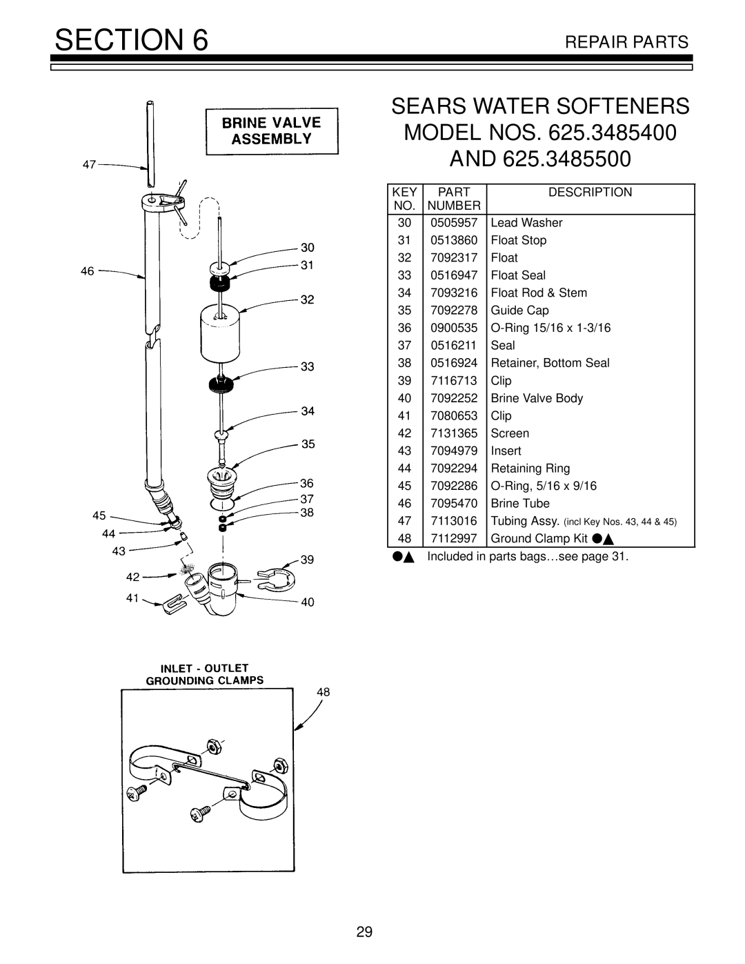 Kenmore 625.3485500, 625.3485400 owner manual Ground Clamp Kit FY Included Parts bags¼ see 