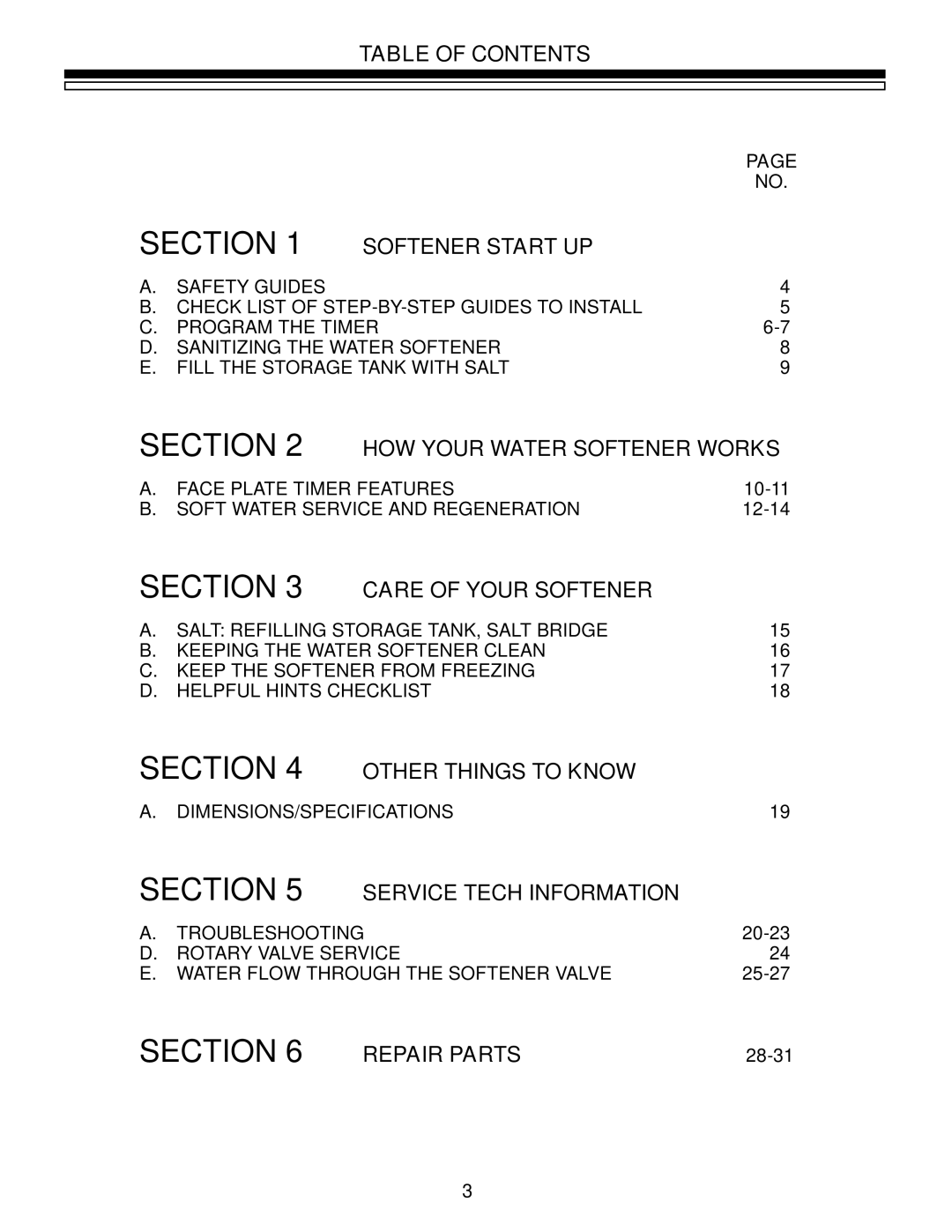 Kenmore 625.3485500 owner manual Table of Contents, Softener Start UP, HOW Your Water Softener Works, Care of Your Softener 