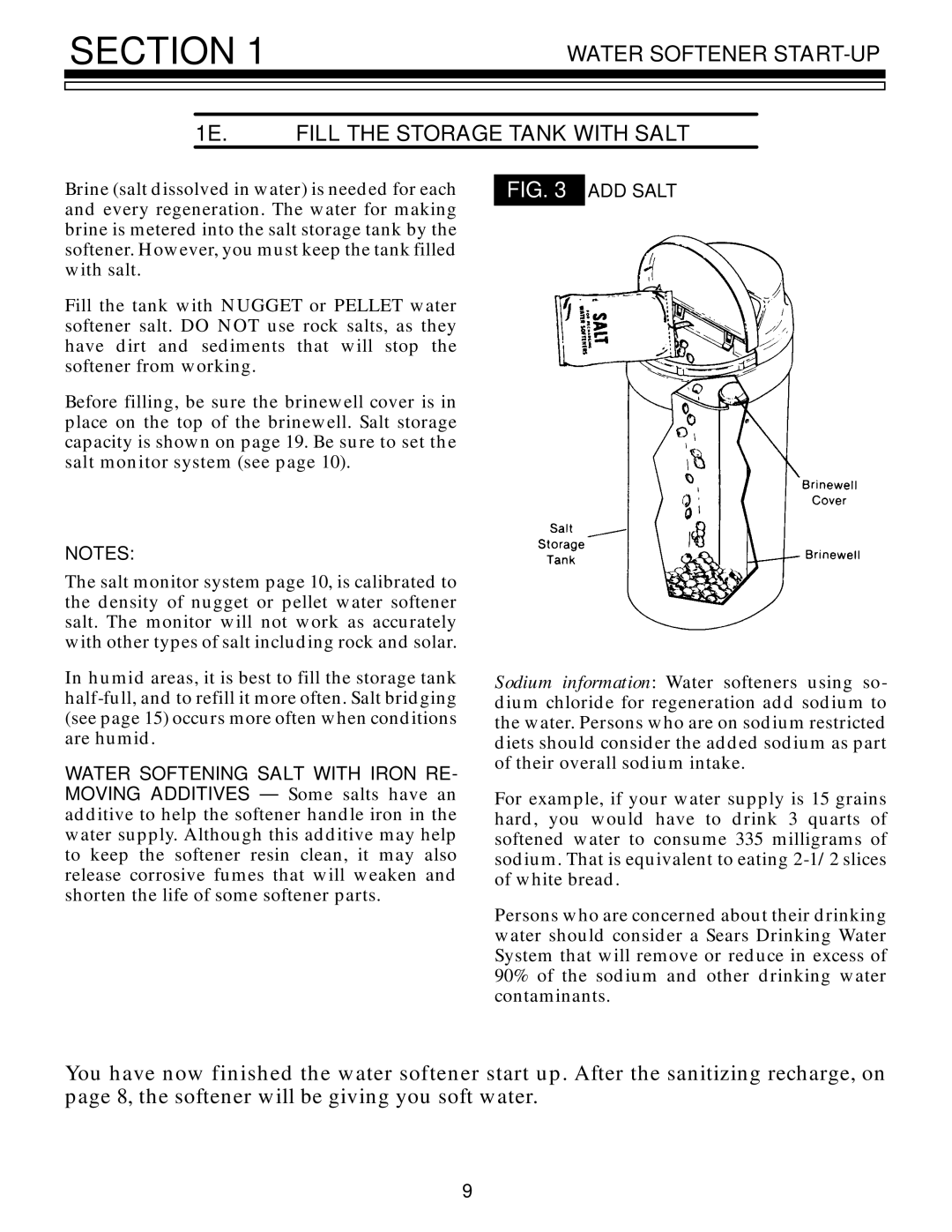 Kenmore 625.3485500 Water Softener START-UP 1E. Fill the Storage Tank with Salt, Water Softening Salt with Iron RE 