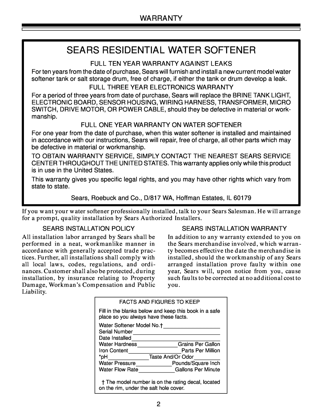 Kenmore 625.3485400, 625.3485500 owner manual Sears Residential Water Softener, Full Ten Year Warranty Against Leaks 