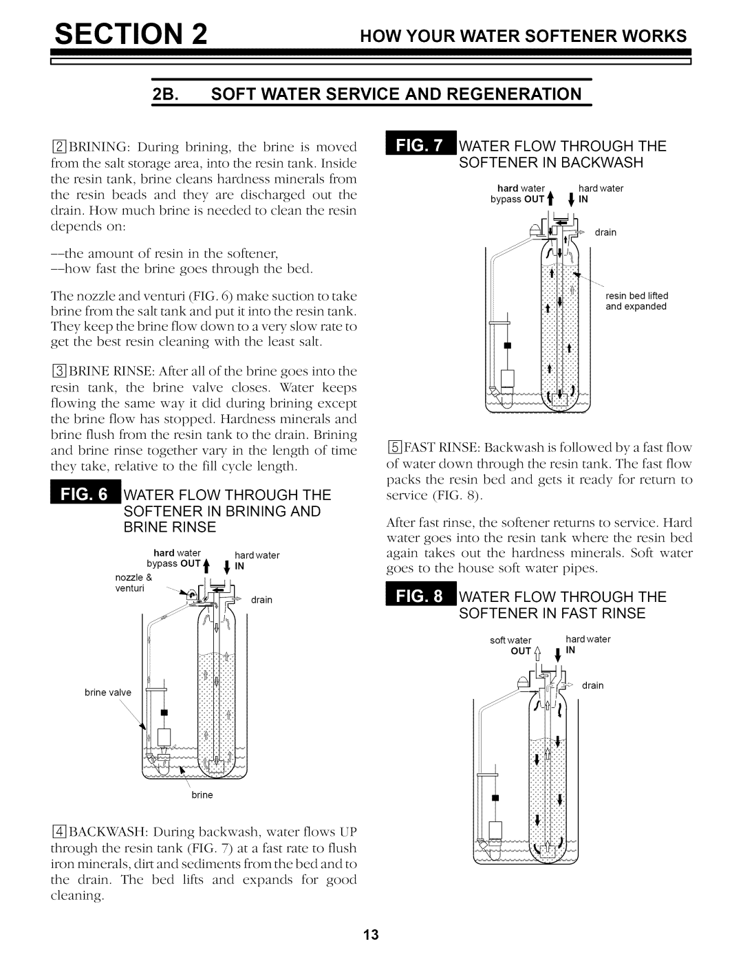 Kenmore 625.34857 Water Flow Through the Softener in Backwash, Water Flow Through Softener in Brining Brine Rinse 