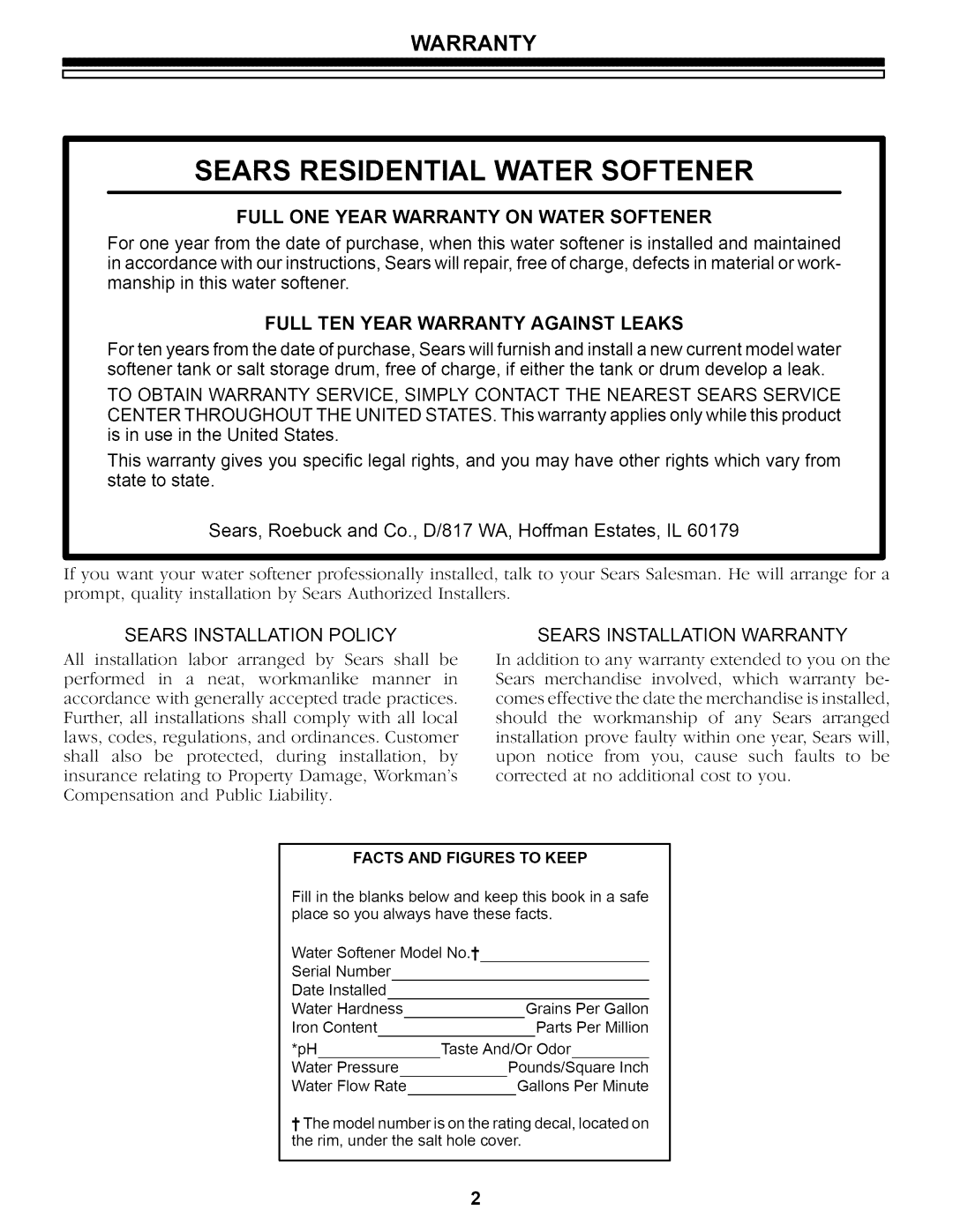 Kenmore 625.34859, 625.34857 owner manual Full ONE Year Warranty on Water Softener, Full TEN Year Warranty Against Leaks 