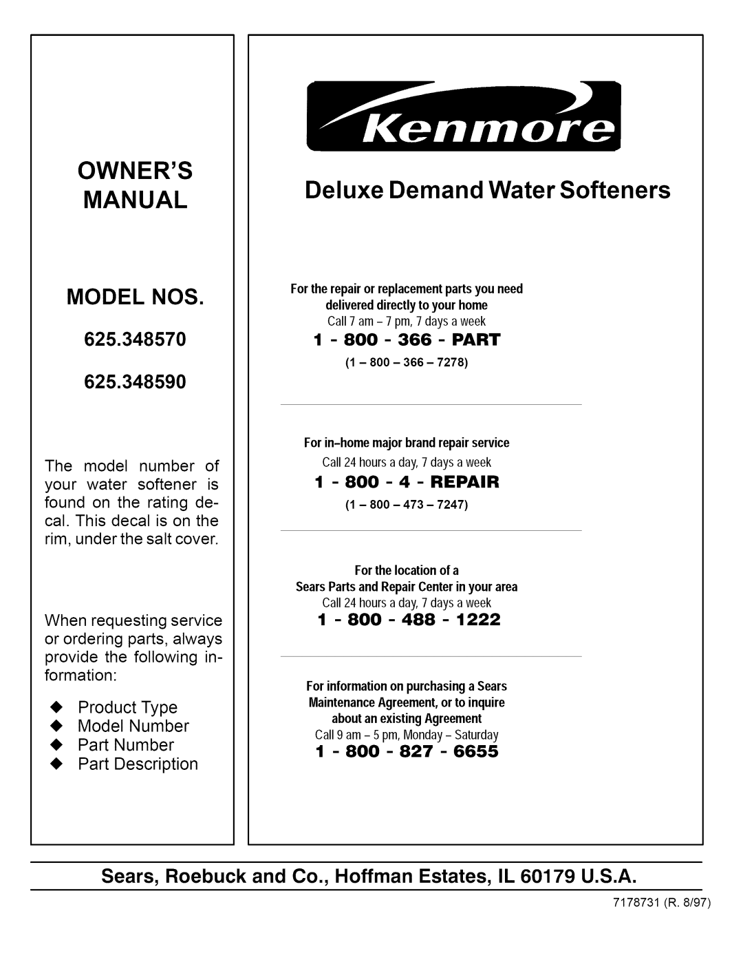 Kenmore 625.34859, 625.34857 owner manual Owners 