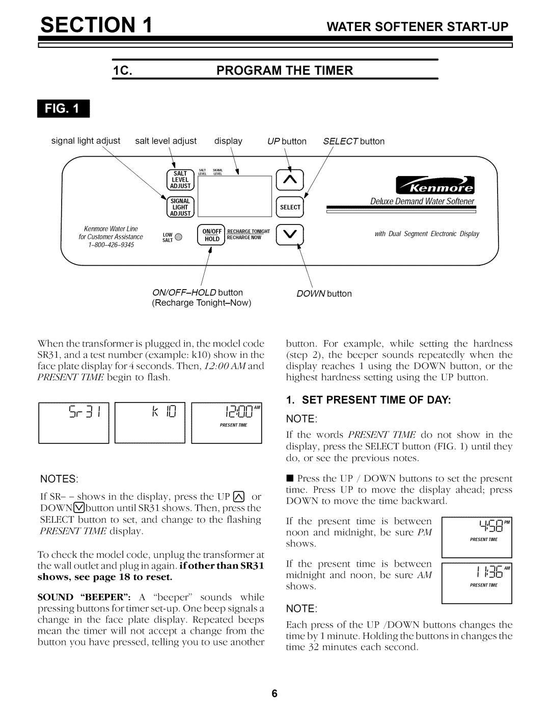 Kenmore 625.34859, 625.34857 owner manual Watersoftenerstart-Up, SET Present Time of DAY 