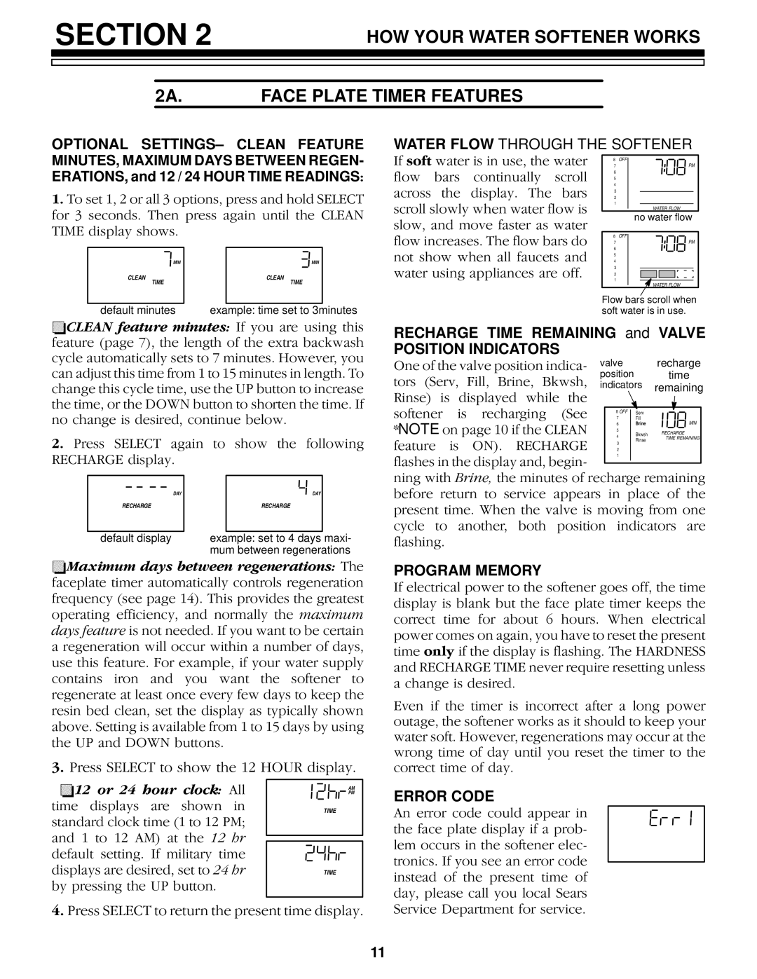 Kenmore 625.34857 HOW Your Water Softener Works 2A.FACE Plate Timer Features, Optional SETTINGS± Clean Feature, Error Code 