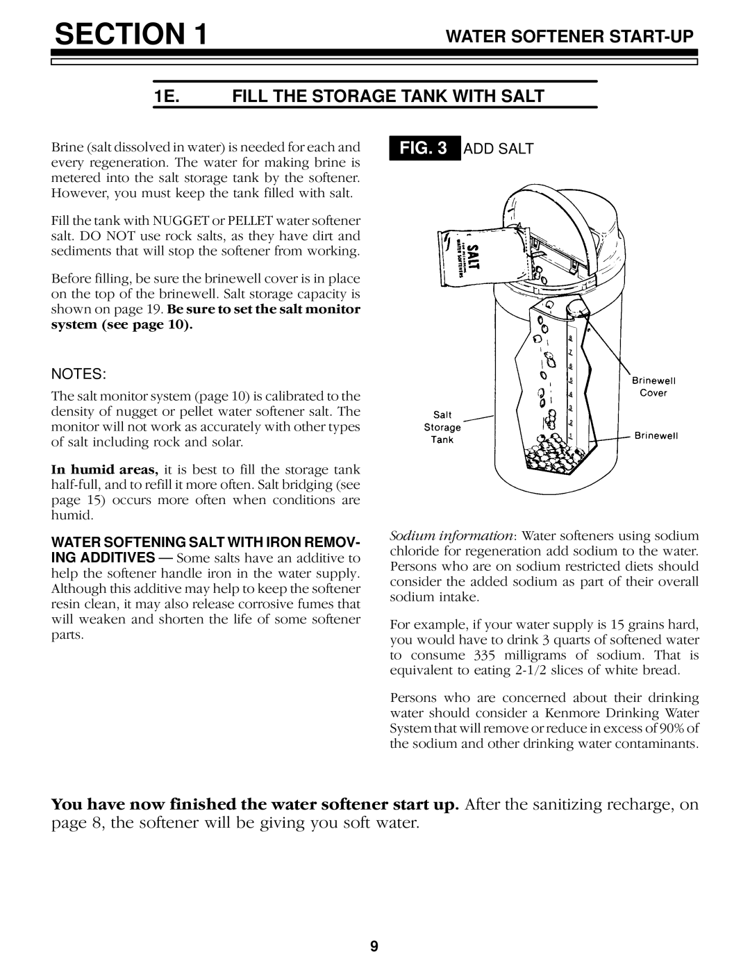 Kenmore 625.34857, 625.34859 owner manual Water Softener START-UP 1E. Fill the Storage Tank with Salt, ADD Salt 