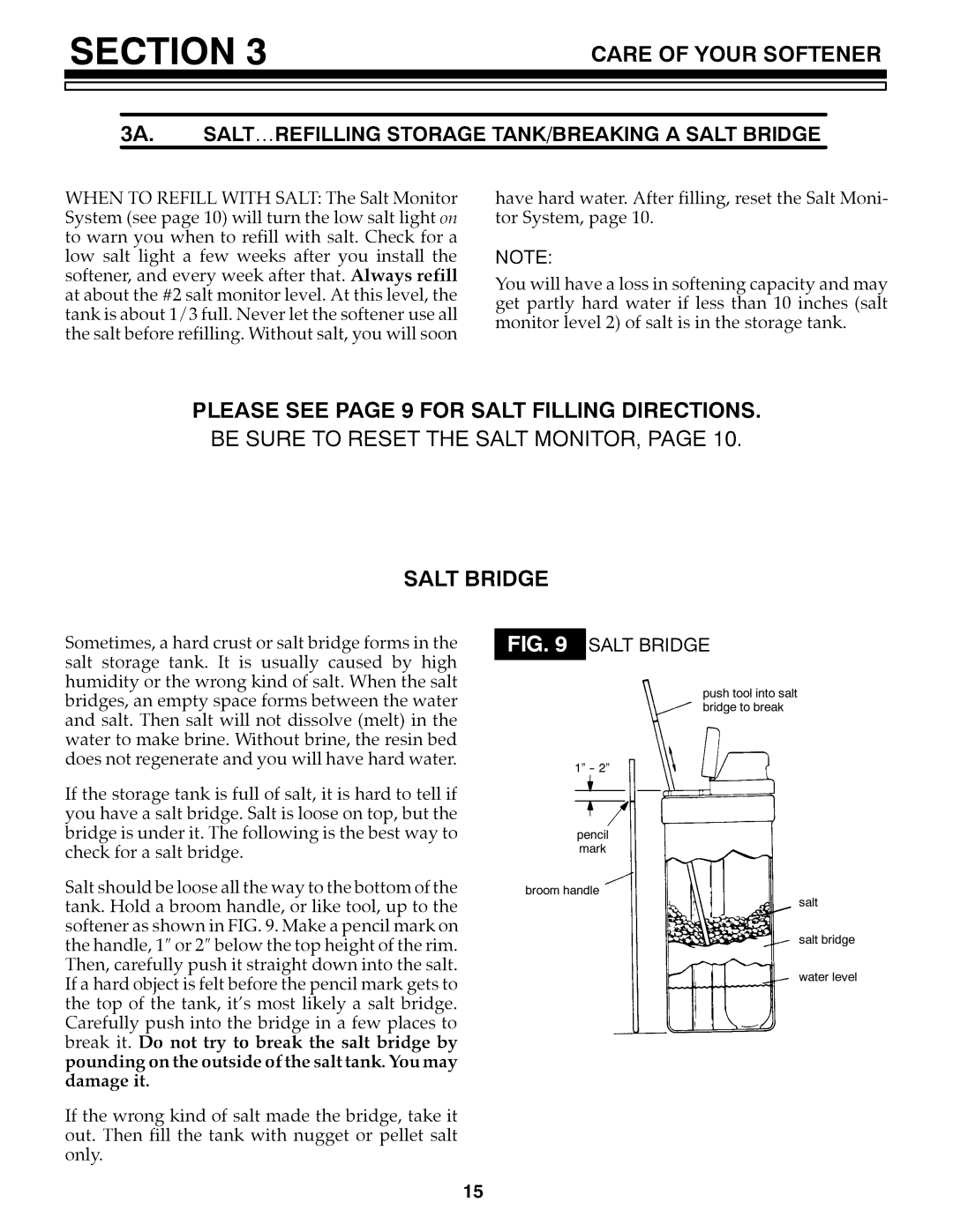 Kenmore 625.3486 owner manual Please see page 9 for Salt Filling Directions, Be Sure to Reset the Salt MONITOR, Salt Bridge 