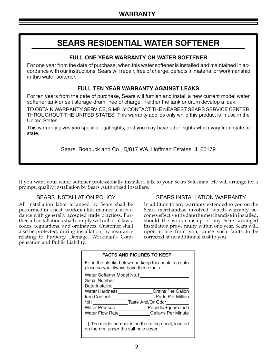 Kenmore 625.3486 owner manual Full ONE Year Warranty on Water Softener, Full TEN Year Warranty Against Leaks 