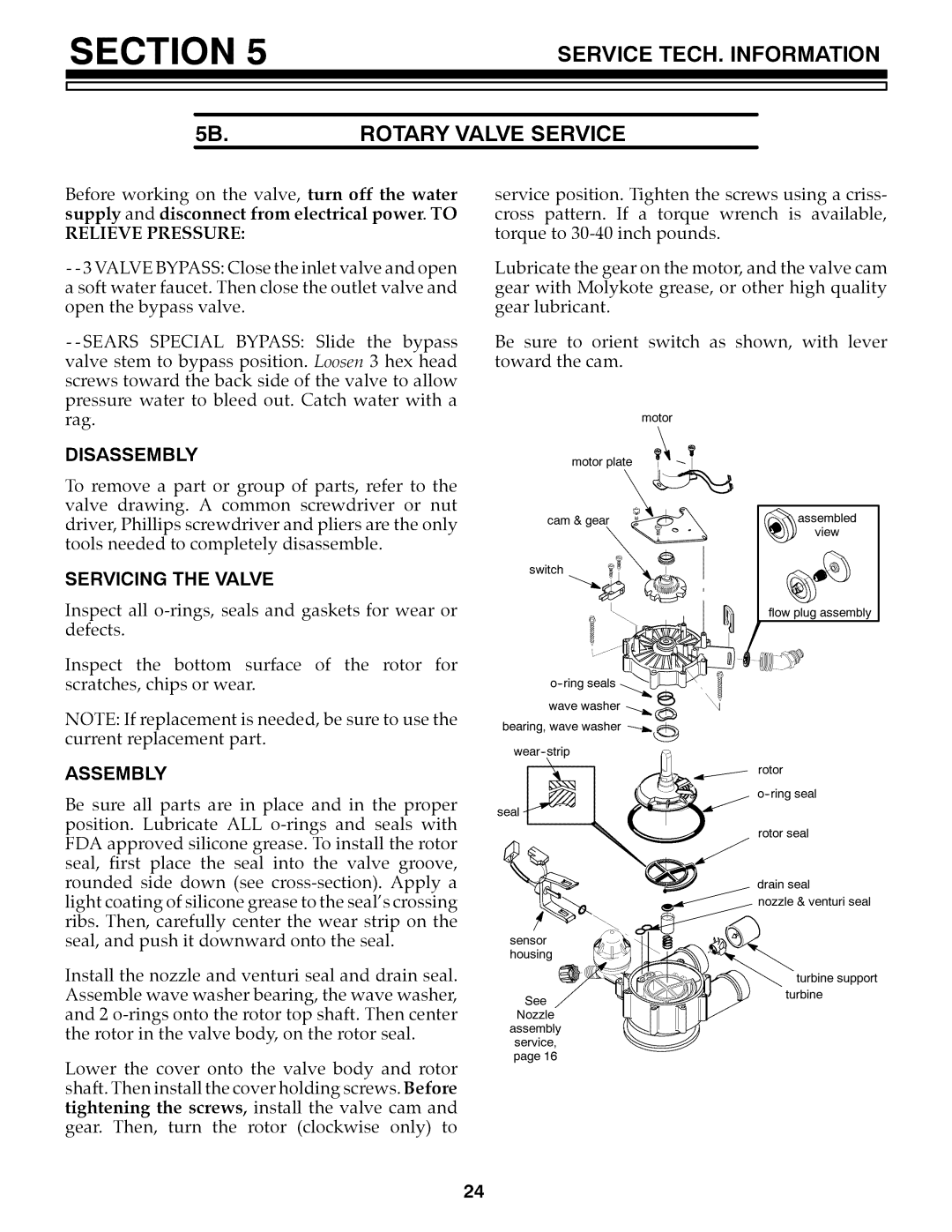 Kenmore 625.3486 owner manual 5B.ROTARY Valve Service, Disassembly, Servicing the Valve, Assembly 