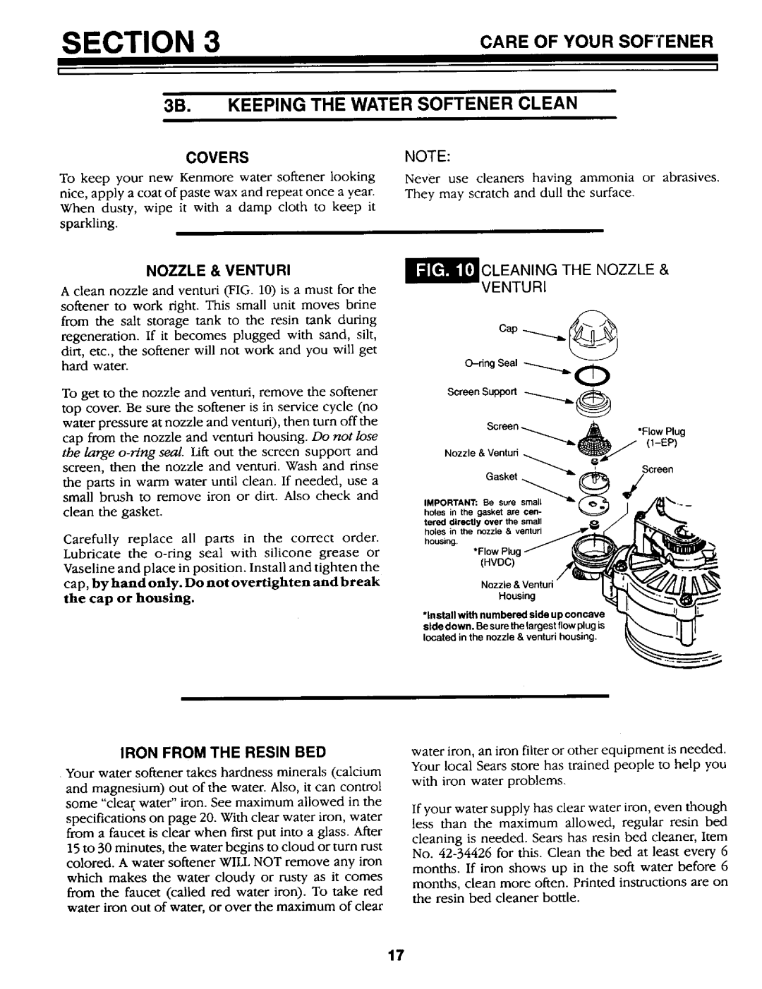 Kenmore 625.34867 owner manual Keeping the Water Softener Clean, Iron from the Resin BED 