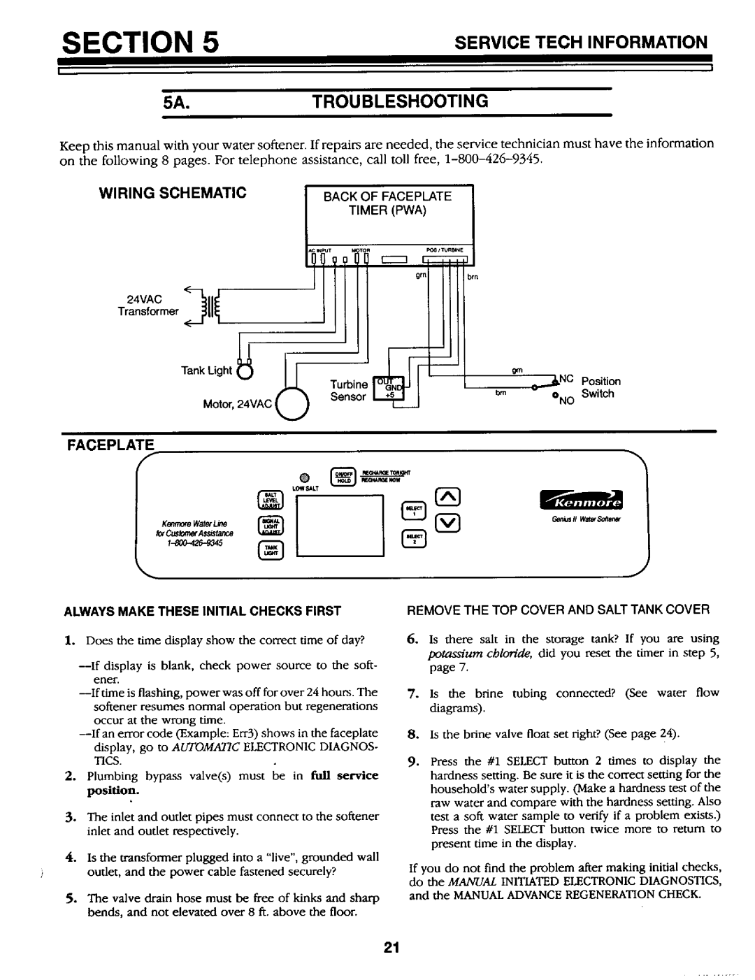 Kenmore 625.34867 owner manual 5A.TROUBLESHOOTING, Service Tech Information, Wiring Schematic, Faceplate 