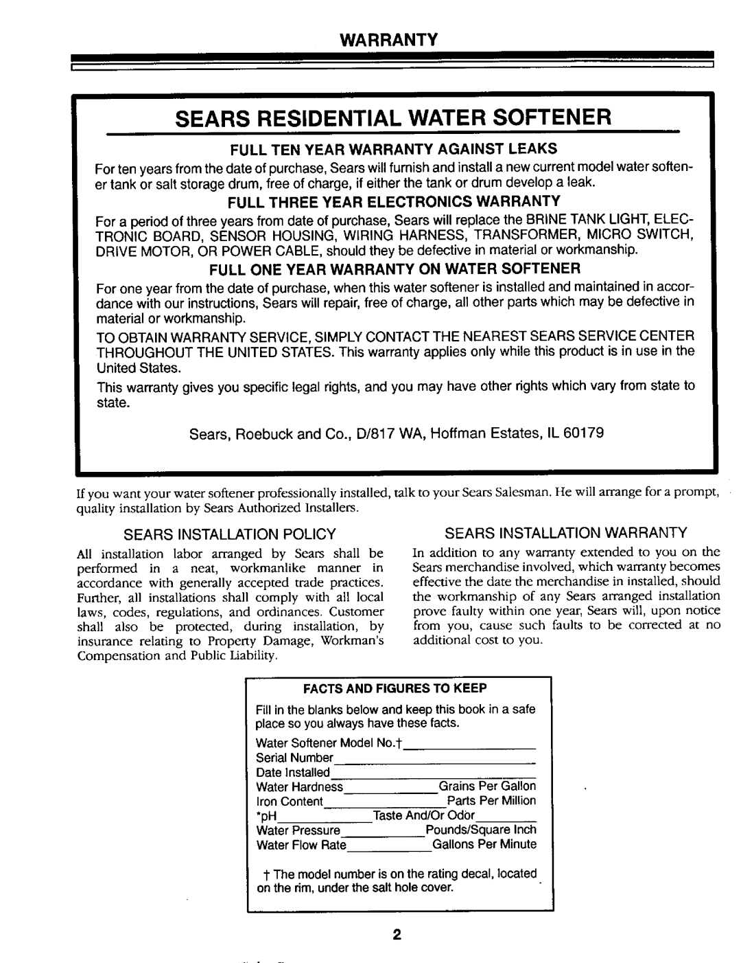 Kenmore 625.34867 owner manual Warranty, Sears Residential Water Softener 