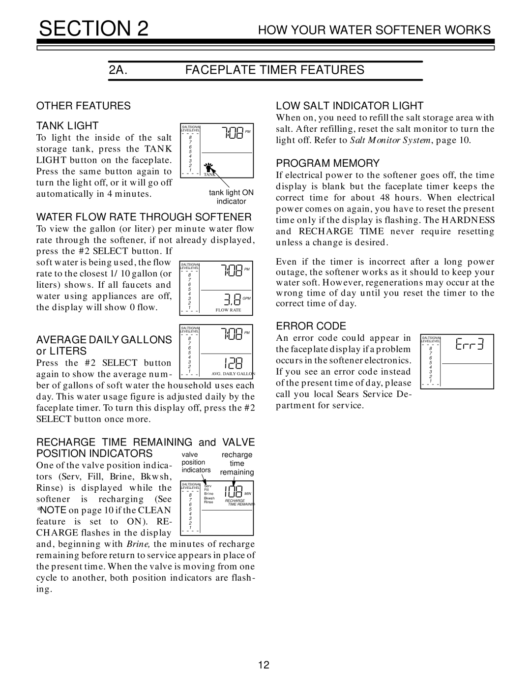 Kenmore 625.348670 HOW Your Water Softener Works Faceplate Timer Features, LOW Salt Indicator Light, Program Memory 