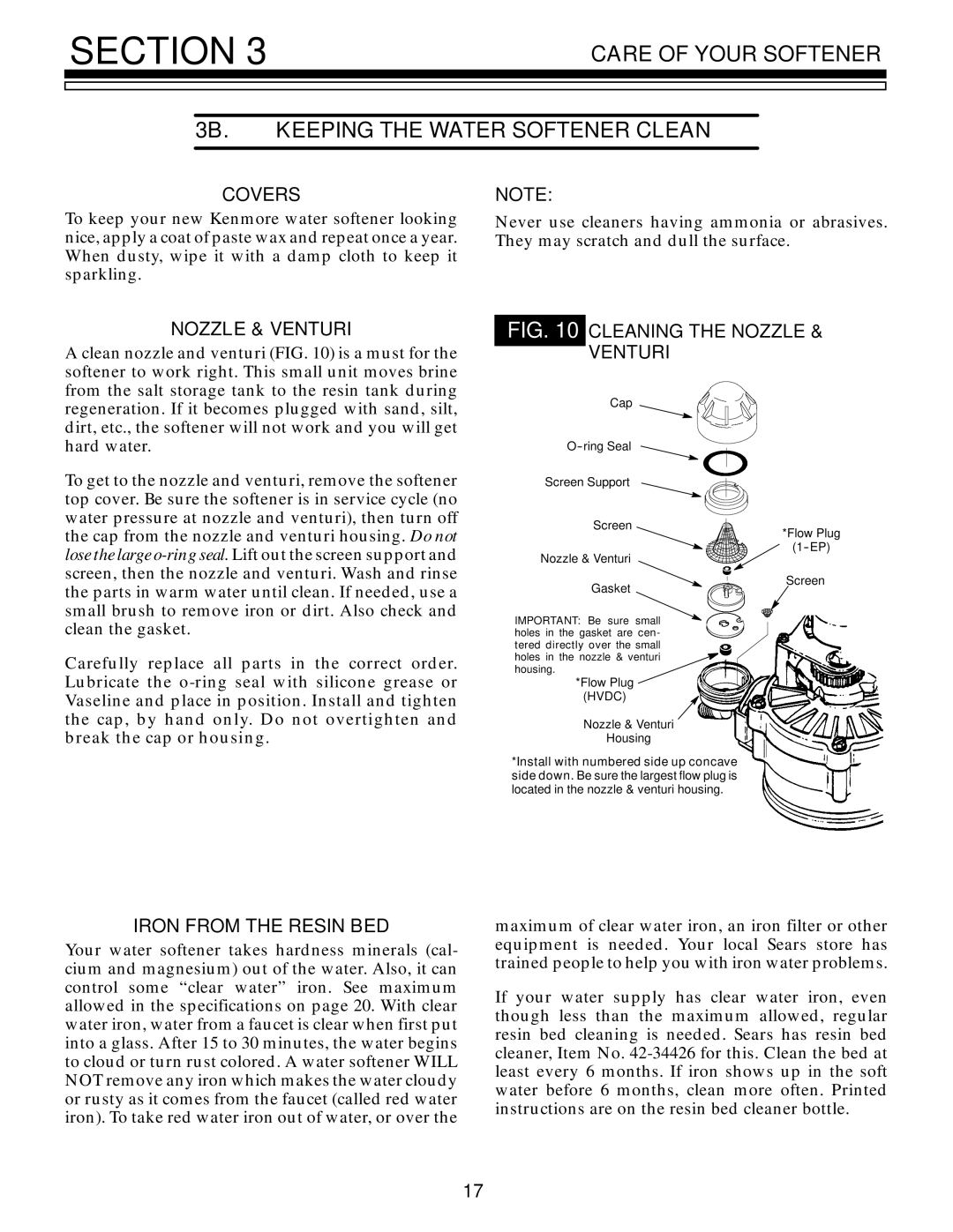 Kenmore 625.348670 owner manual Care of Your Softener 3B. Keeping the Water Softener Clean, Coversnote, Nozzle & Venturi 