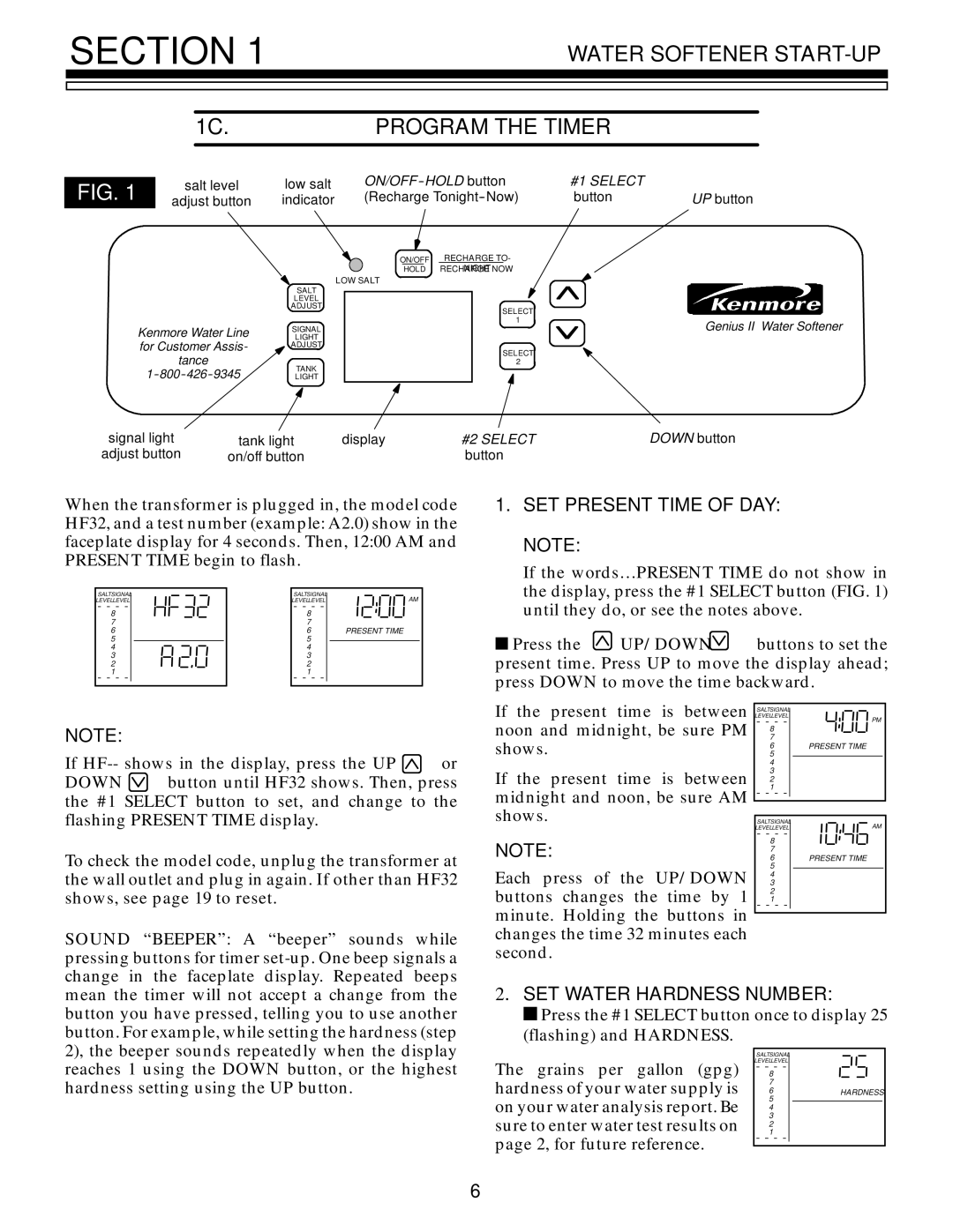 Kenmore 625.348670 Water Softener START-UP Program the Timer, SET Present Time of DAY, SET Water Hardness Number 