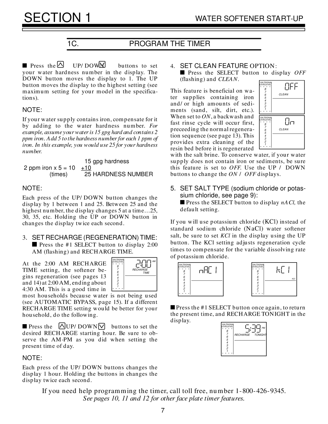 Kenmore 625.348670 Water Softener START-UP 1C.PROGRAM the Timer, SET Clean Feature Option, SET Recharge Regeneration Time 