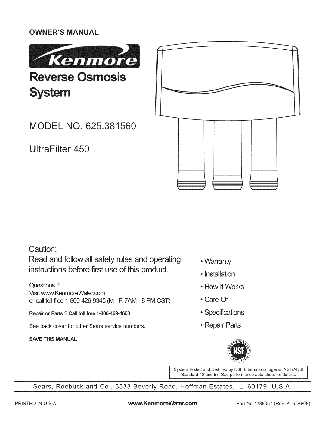 Kenmore 625.38156 owner manual Osmosis 