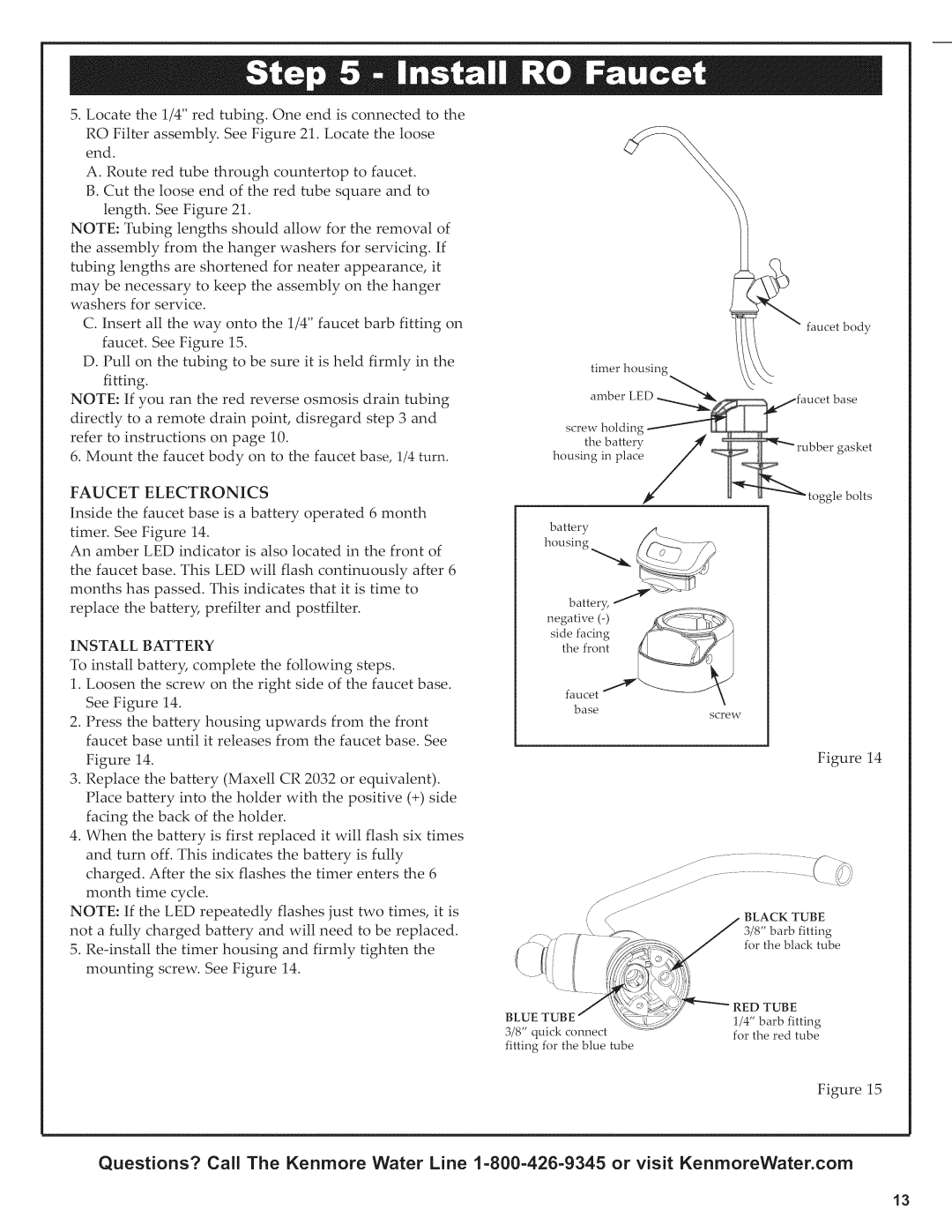 Kenmore 625.38156 owner manual Faucet Electronics, Install Battery 