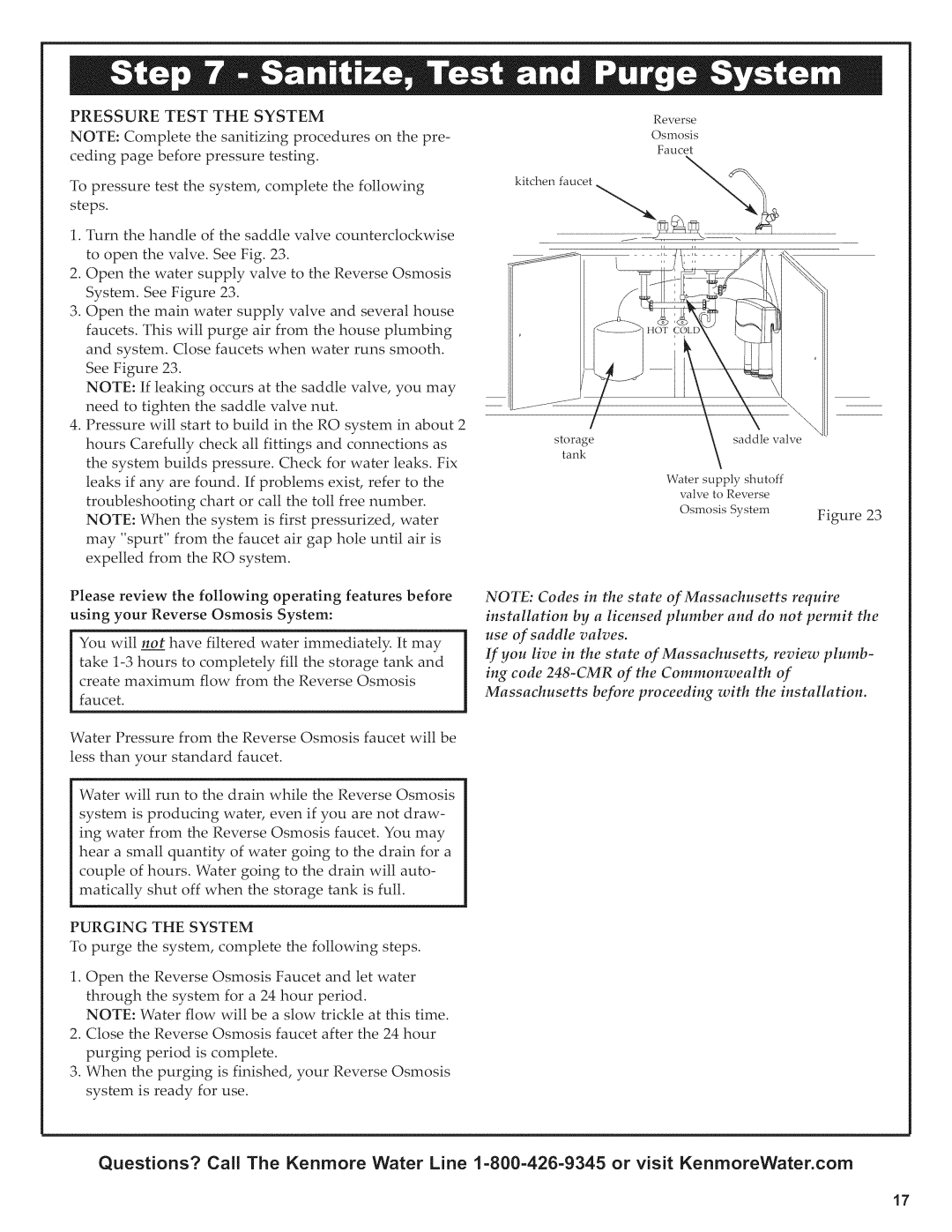 Kenmore 625.38156 owner manual Pressure Test the System, Purging the System 