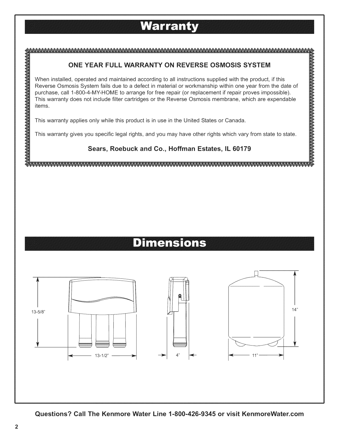 Kenmore 625.38156 owner manual ONE Year Full Warranty on Reverse Osmosis System 