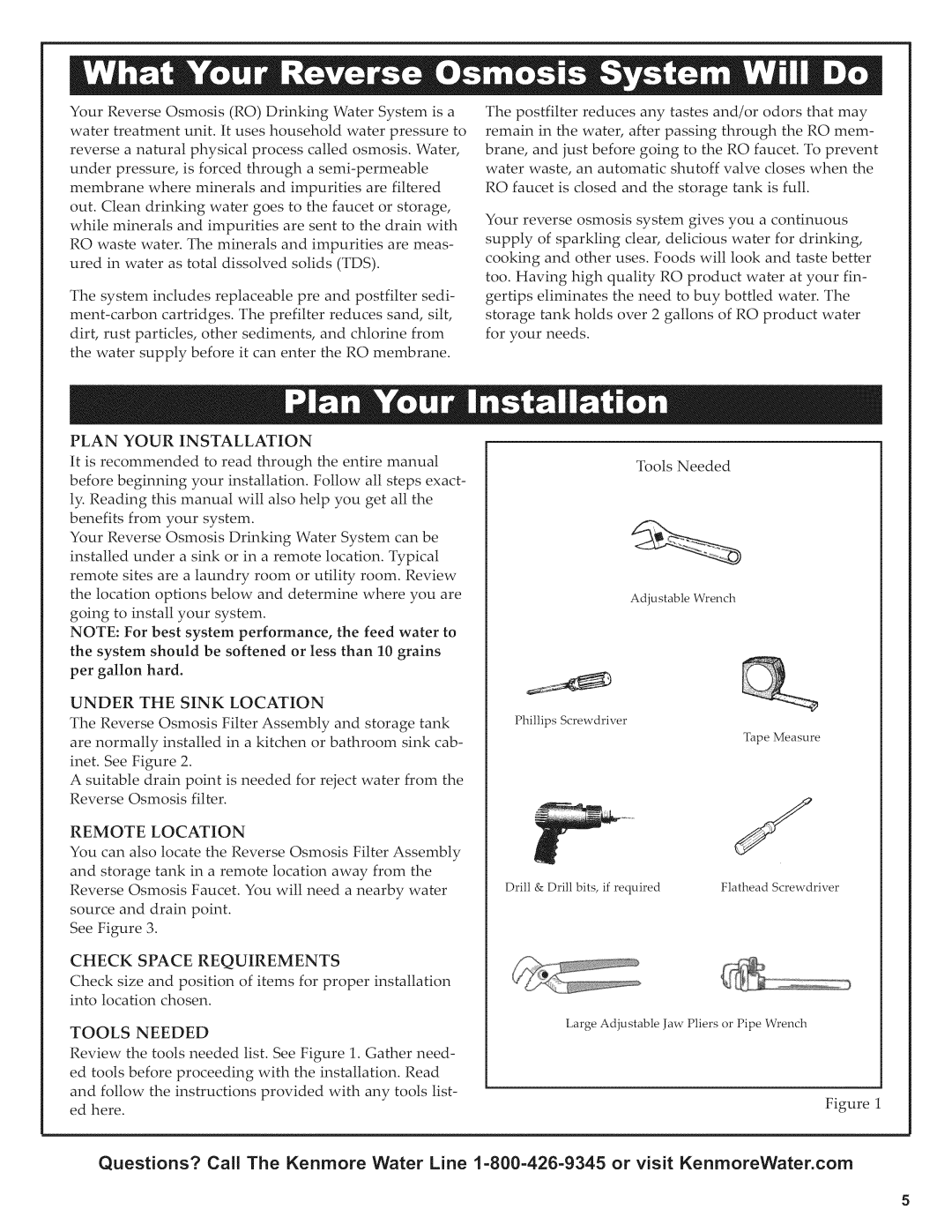 Kenmore 625.38156 Plan Your Installation, Under the Sink Location, Remote Location, Check Space Requirements, Tools Needed 