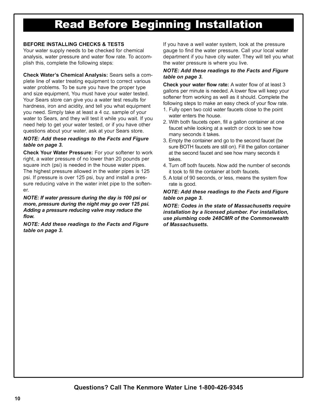 Kenmore 625.38306 owner manual Before Installing Checks & Tests, Adding a pressure reducing valve may reduce the flow 