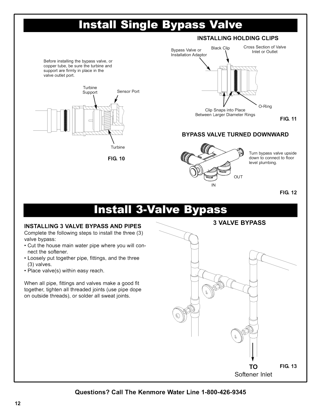 Kenmore 625.38306 owner manual Valve Bypass, Installing Holding Clips, Bypass Valve Turned Downward 